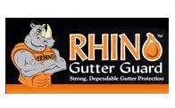 rhino gutter guard logo with animation of rhino in orange shirt