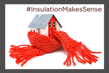 model of house wrapped in red scarf with hashtag reading insulation makes sense